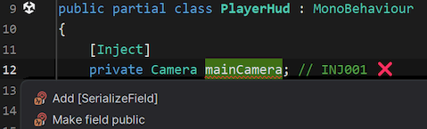 Screenshot containing Rider showing INJ001 code fixes