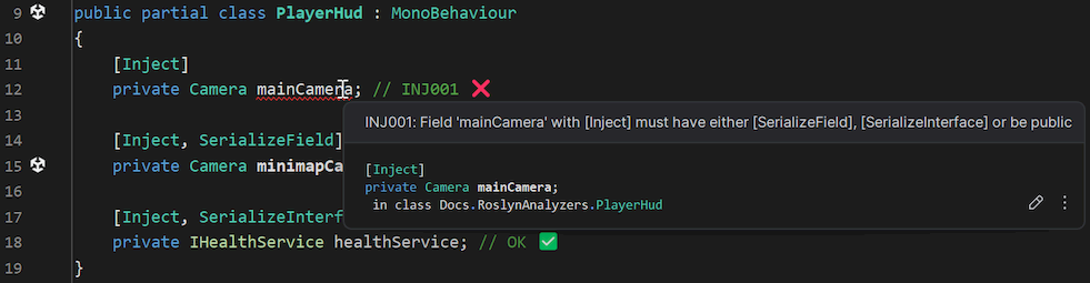Screenshot containing Rider showing an INJ001 error on an [Inject] field