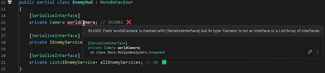 Screenshot containing Rider showing an INJ002 error on a [SerializeInterface] field