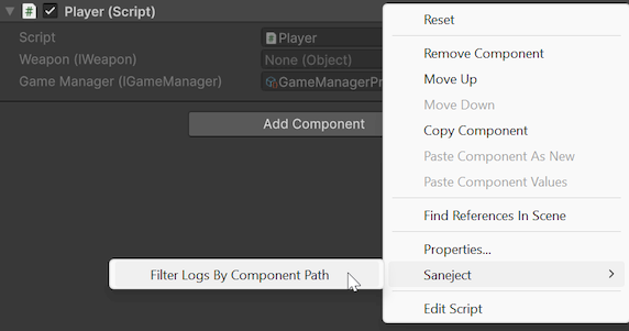 Component inspector filter logs context menu