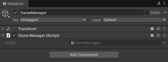 GameManager component in Inspector