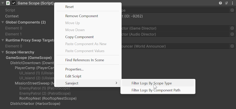Scope inspector filter logs context menu