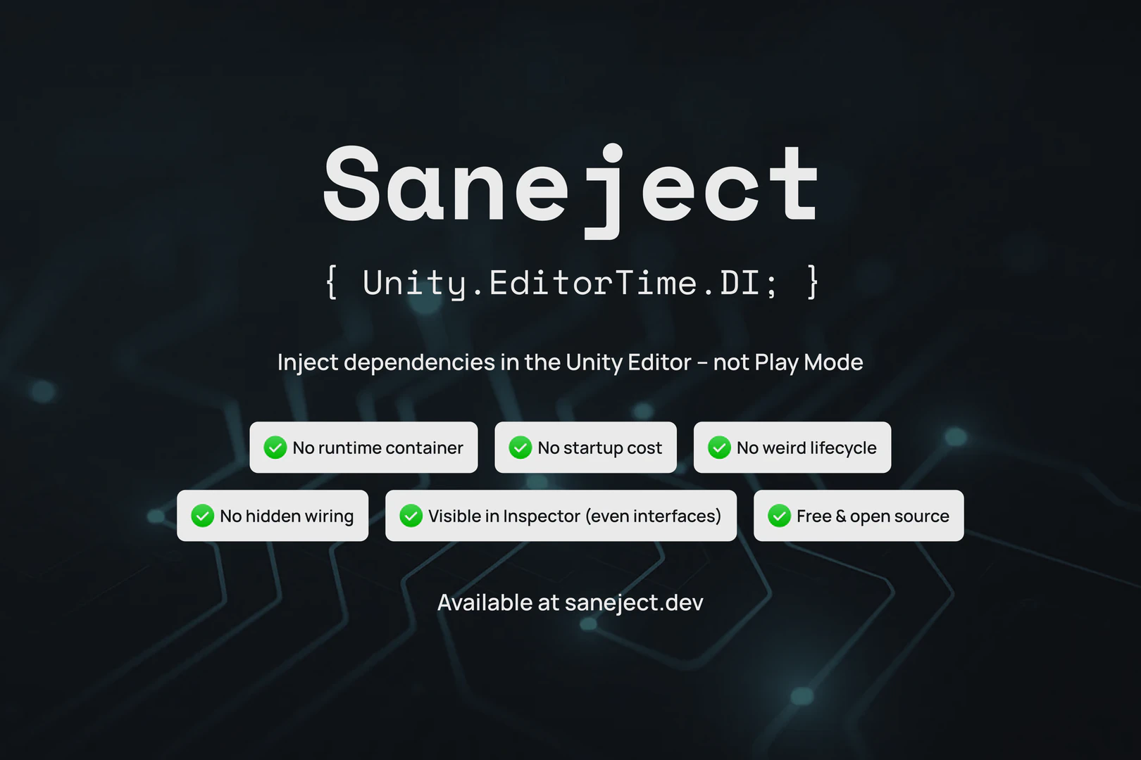 Saneject title slide with the tagline 'Unity.EditorTime.DI' on a dark circuit-pattern background. The image reads 'Inject dependencies in the Unity Editor, before you even press Play,' highlights that it is 100% free and open source, and shows the URL saneject.dev.