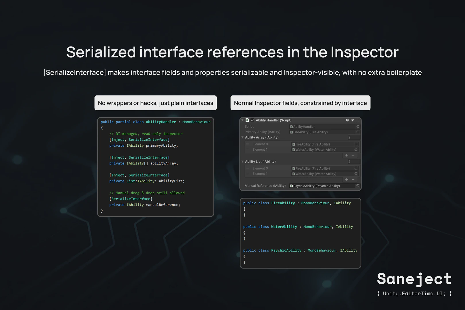 Slide titled 'Serialized interface references in the Inspector' explaining that SerializeInterface makes interface fields and properties serializable and visible in Unity's Inspector. The image includes C# examples alongside an Inspector view listing multiple ability implementations.