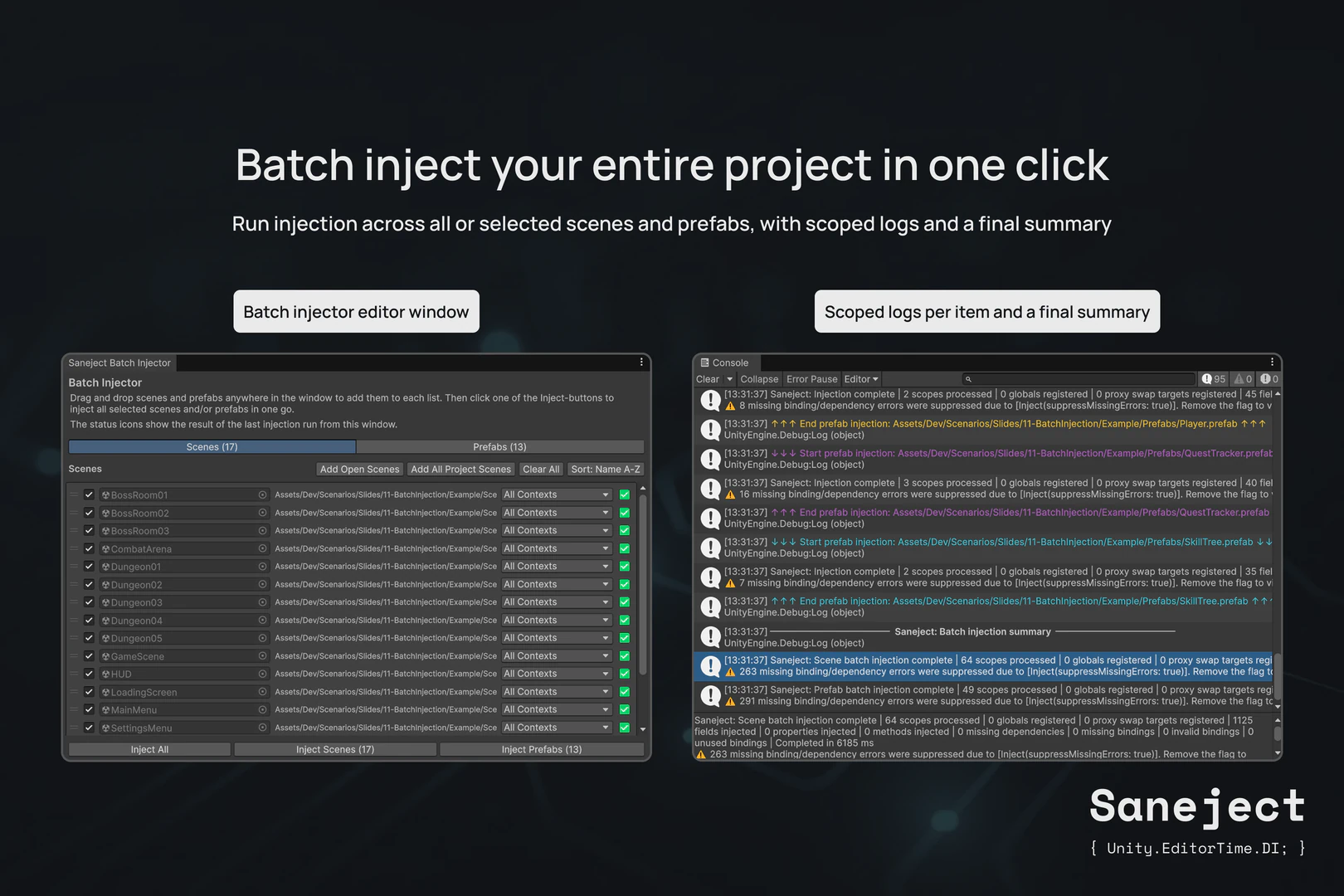 Slide titled 'Batch inject your entire project in one click' showing a Saneject batch injector editor window beside Unity console output. It explains that injection can run across scenes and prefabs with scoped logs and a final summary.