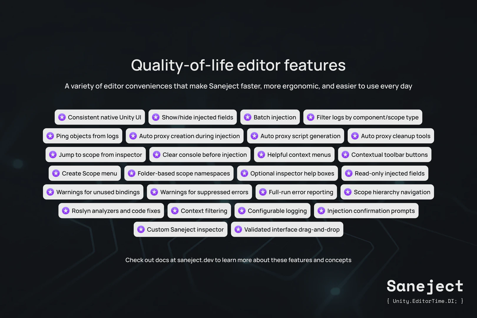 Slide titled 'Quality-of-life editor features' listing many Unity editor conveniences provided by Saneject. The badges mention features such as native UI, show or hide injected fields, batch injection, filtered logs, ping from logs, auto proxy creation, analyzer support, configurable logging, and validated interface drag-and-drop.